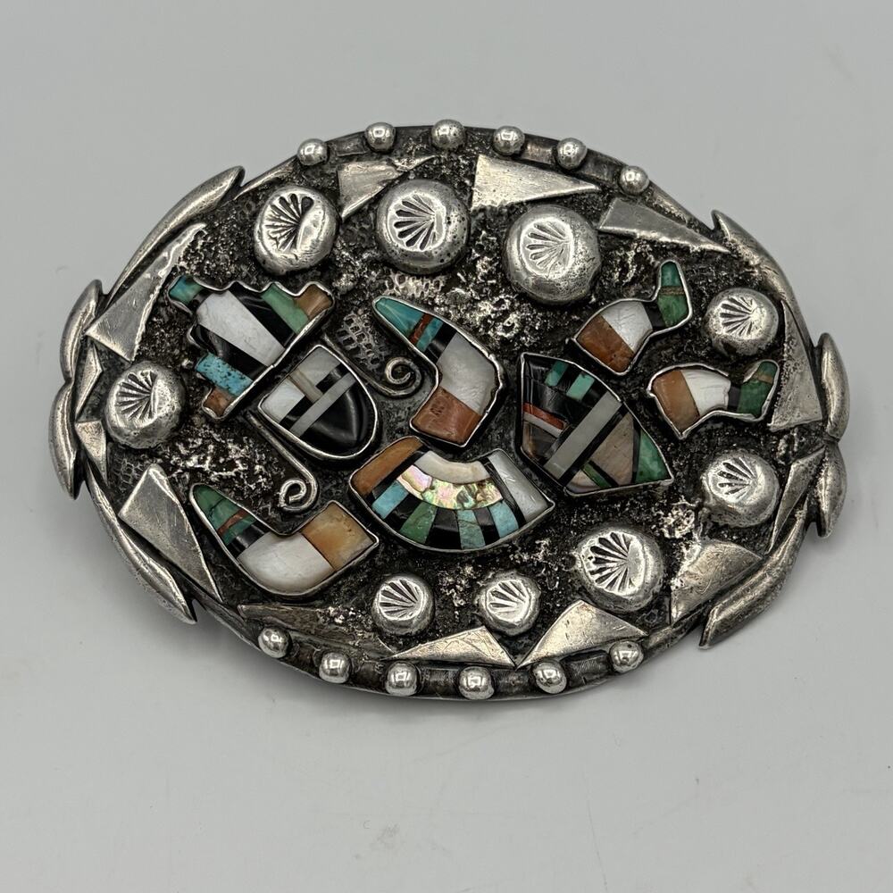 Zuni Native American Sterling Silver Belt Buckle The Rainbow Man Mosaic Hallmark